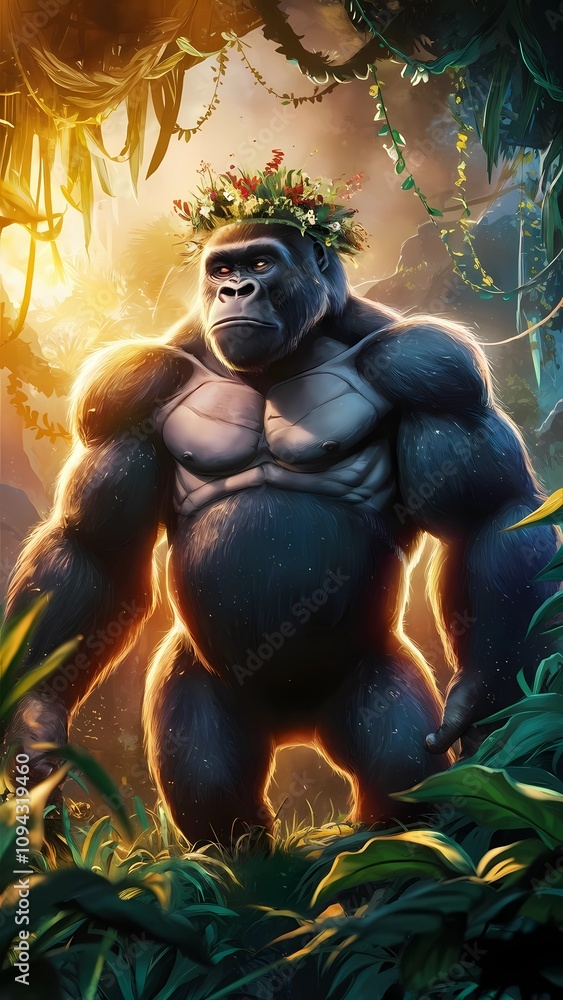 Jungle Gorilla Wildflowers Crown Golden Light Majestic Strong Leaves Muscular Jungle Gorilla Wildflowers Crown Golden Light Majestic Strong Leaves Muscular