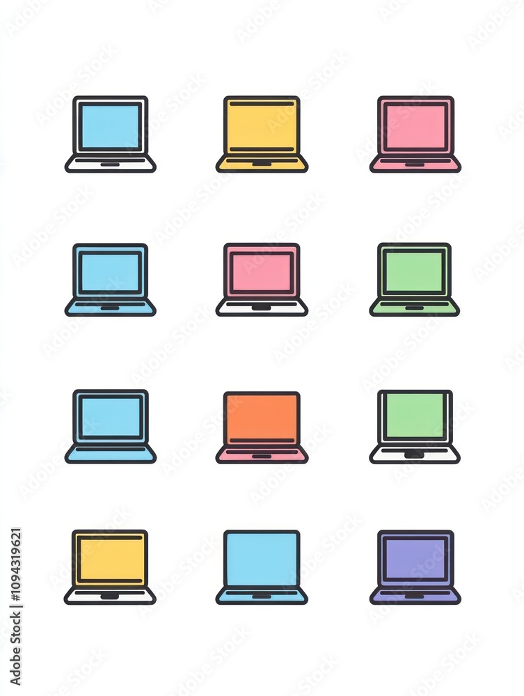 A grid of colorful laptop icons representing technology and digital devices. A grid of colorful laptop icons representing technology and digital devices.