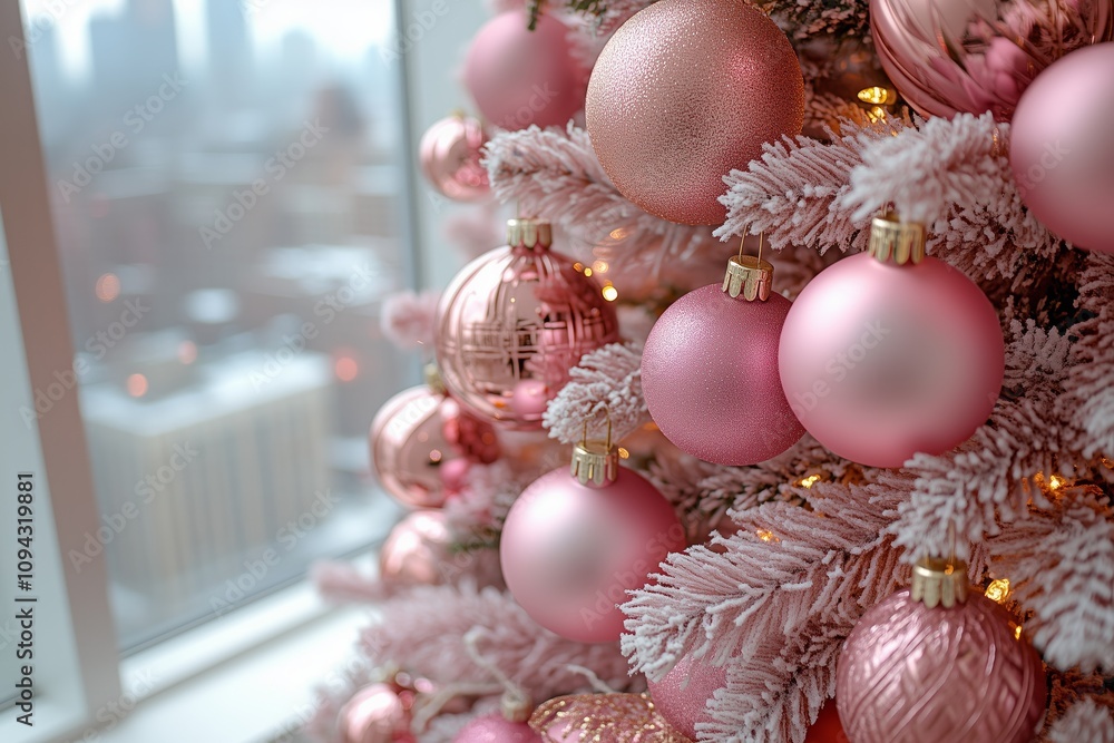A pink and rose gold Christmas tree with a leopard print and pink baubles stands in a modern white living room interior A pink and rose gold Christmas tree with a leopard print and pink baubles stands in a modern white living room interior