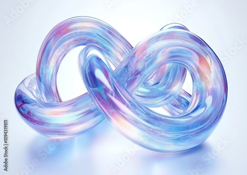 Modern Abstract Sculpture in Transparent Glass with Swirling Loops on White Background