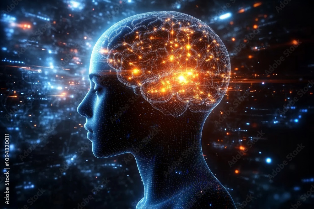 Futuristic AI Cyborg Profile with Illuminated Brain Connections in Dark Cityscape Futuristic AI Cyborg Profile with Illuminated Brain Connections in Dark Cityscape