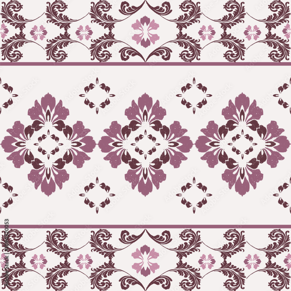 Obraz premium Purple design embroidery, motif ethnic ikat seamless textile illustration, print striped ornament, pattern, design for wrapping, silk, scarf, clothing, background, textile, carpets, curtains.