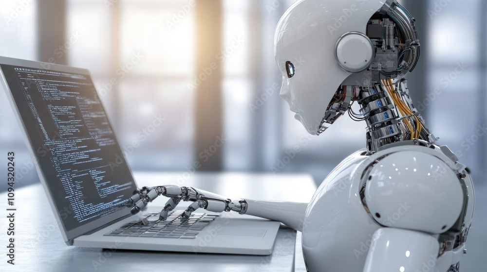 AI Robot Coding on a Laptop in a High-Tech Environment - Futuristic Concept of Artificial Intelligence Programming AI Robot Coding on a Laptop in a High-Tech Environment - Futuristic Concept of Artificial Intelligence Programming