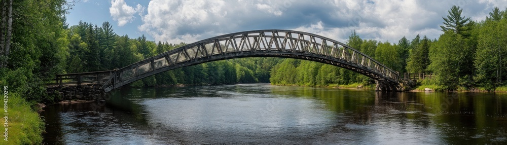 A scenic view of a wooden arch bridge over a calm river surrounded by lush greenery. A scenic view of a wooden arch bridge over a calm river surrounded by lush greenery.