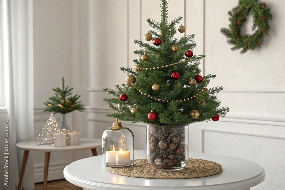 Classic Christmas potted tree in a glass vase on a white table with ornaments and garlands, winter arrangements, glass vases, table centerpieces, ornaments, decorative vases Classic Christmas potted tree in a glass vase on a white table with ornaments and garlands, winter arrangements, glass vases, table centerpieces, ornaments, decorative vases