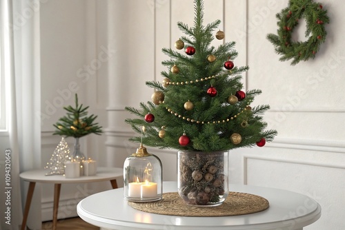 Classic Christmas potted tree in a glass vase on a white table with ornaments and garlands, winter arrangements, glass vases, table centerpieces, ornaments, decorative vases