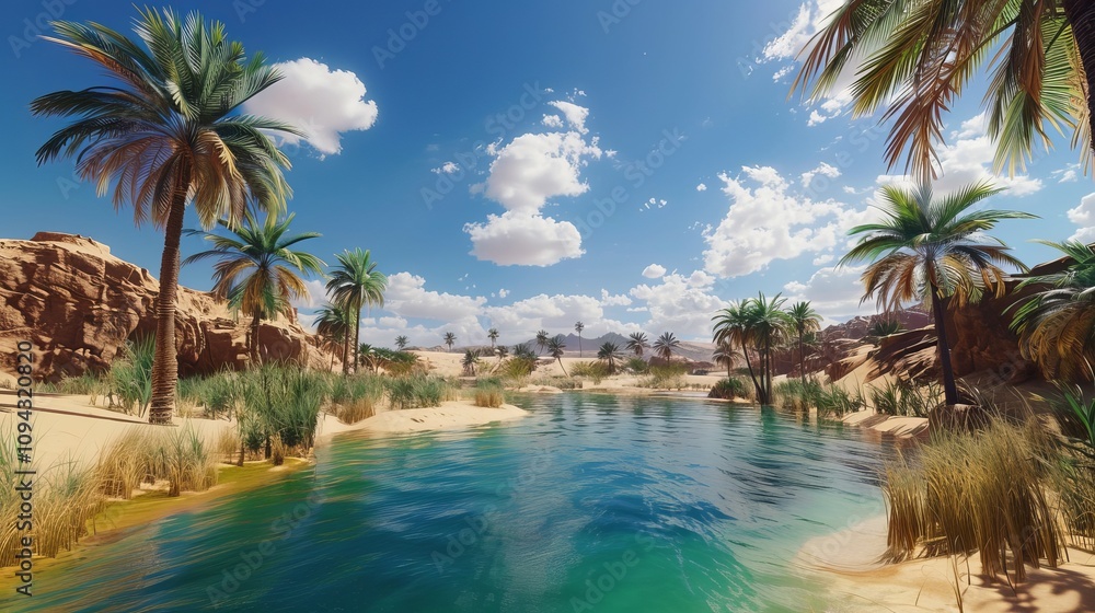 Obraz premium Serene oasis in a vibrant desert landscape with palm trees and clear blue water.