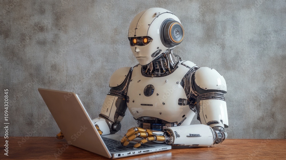 Fototapeta premium Retro-Style AI Robot Working on a Laptop - Concept of Artificial Intelligence in a Minimalist Setting