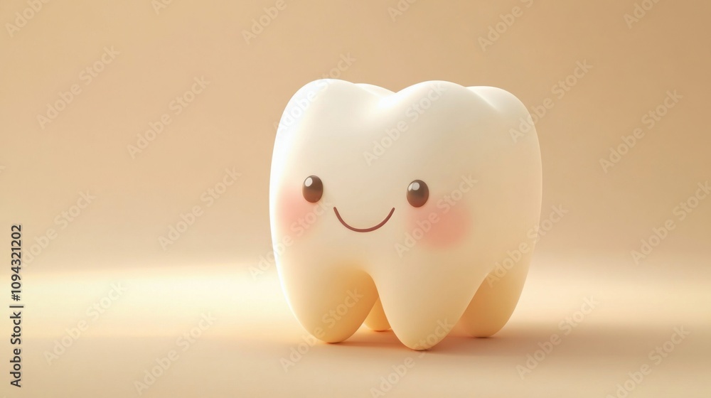 Happy tooth illustration with a smiling expression and blush cheeks on a neutral background, representing dental health Happy tooth illustration with a smiling expression and blush cheeks on a neutral background, representing dental health