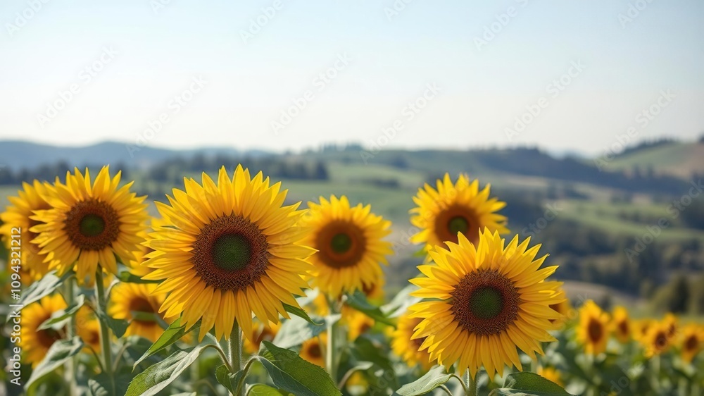 Sunflowers in the background of a serene landscape with rolling hills and trees, scenery, sunflowers, serene Sunflowers in the background of a serene landscape with rolling hills and trees, scenery, sunflowers, serene