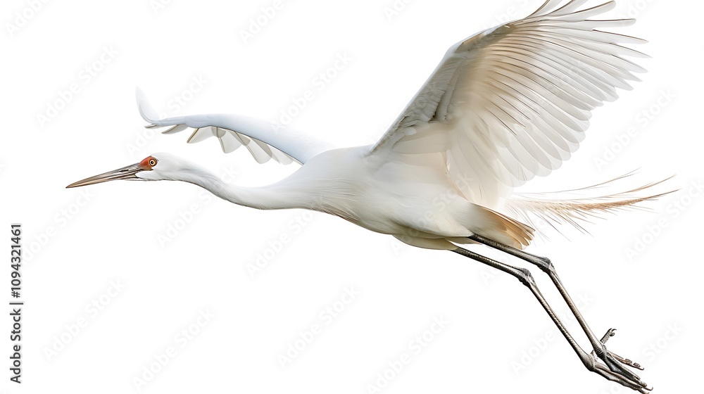 Obraz premium A white crane mid-flight, long legs trailing, isolated on a white background.