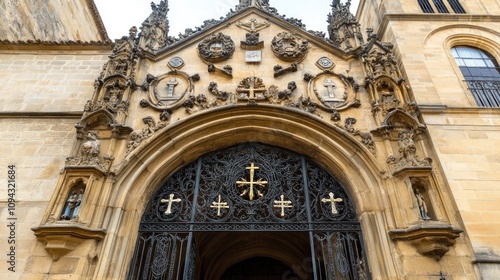 Ornate entrance with intricate stonework and decorative metal gate.