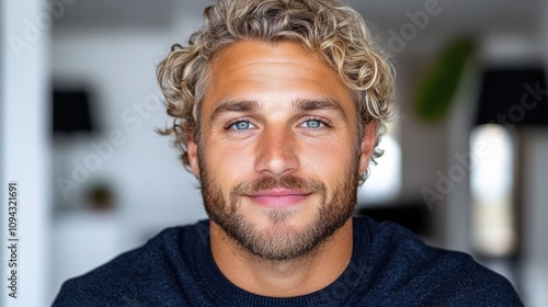 Man with a beard and blue eyes is smiling. He is wearing a blue shirt. The room is decorated with a black lamp and a green plant