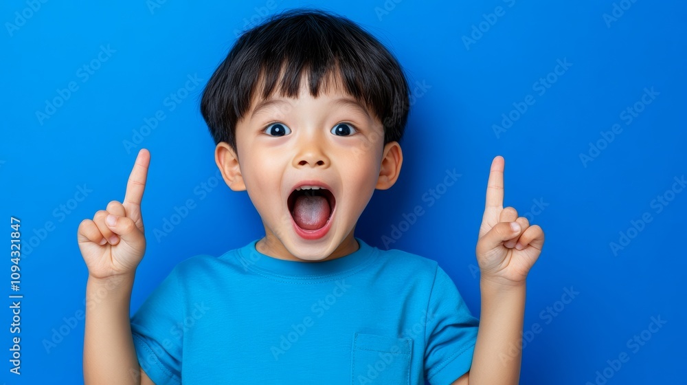 Young boy is standing in front of a blue wall with his hands raised and pointing upwards. He is smiling and he is excited or happy Young boy is standing in front of a blue wall with his hands raised and pointing upwards. He is smiling and he is excited or happy