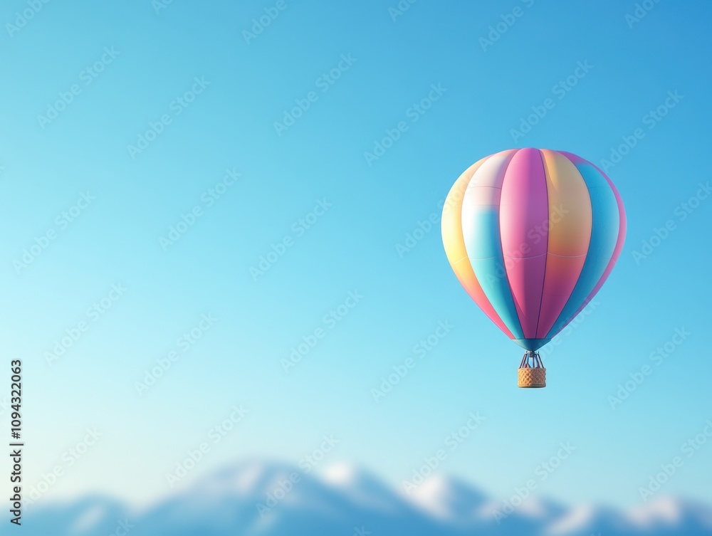 Obraz premium Colorful Hot Air Balloon Soaring in Clear Blue Sky Scenic Landscape Aerial Nature Serenity