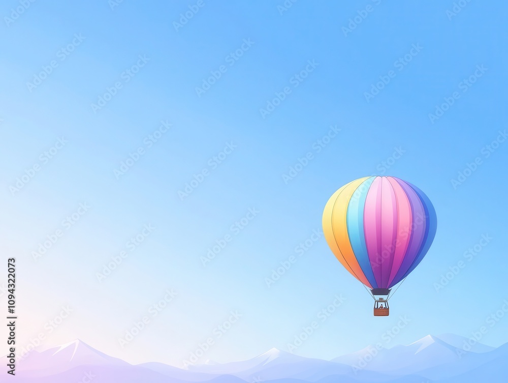 Fototapeta premium Colorful Hot Air Balloon Floating Against a Clear Blue Sky Nature Adventure Outdoor Exploration Scenic Landscape Aerial Perspective