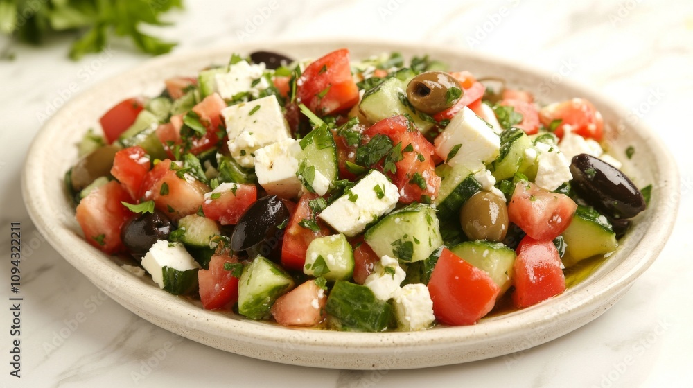 Greek Salad with Fetta and Olives on White Marble Greek Salad with Fetta and Olives on White Marble