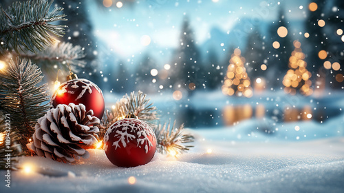 Weihnachtsstimmung mit roten Christbaumschkugeln im Schnee, Feierliche Stimmung im warmen Lichtern sowie See, Berge und Weihnachtsbaum im Hintergrund photo