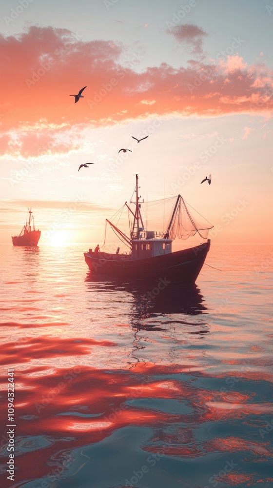 The profile of a fishing boat drifting on a glassy sea, under a sky transitioning from day to night, with the last rays of the sun highlighting the boat's outline against the colorful backdrop.
The profile of a fishing boat drifting on a glassy sea, under a sky transitioning from day to night, with the last rays of the sun highlighting the boat's outline against the colorful backdrop.