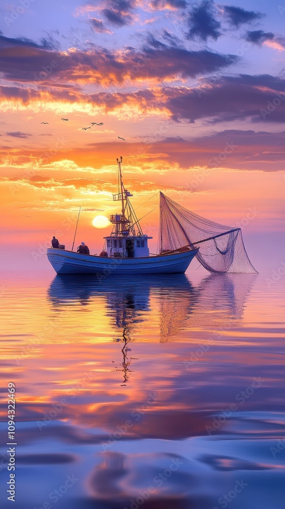 The profile of a fishing boat drifting on a glassy sea, under a sky transitioning from day to night, with the last rays of the sun highlighting the boat's outline against the colorful backdrop.
The profile of a fishing boat drifting on a glassy sea, under a sky transitioning from day to night, with the last rays of the sun highlighting the boat's outline against the colorful backdrop.