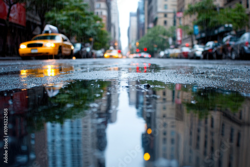 Urban Cityscape Reflected in a Rain Puddle