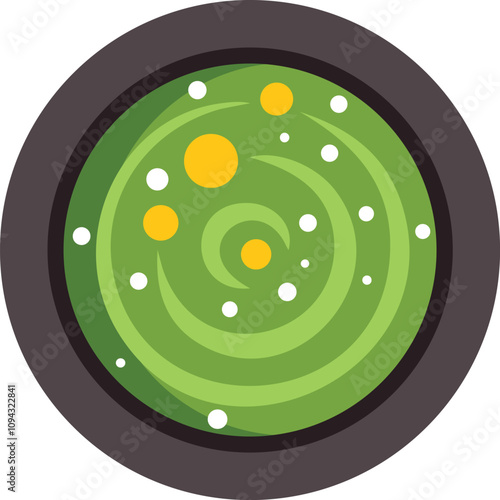 Green magic potion is swirling in a cast iron cauldron, with yellow and white bubbles, for halloween
