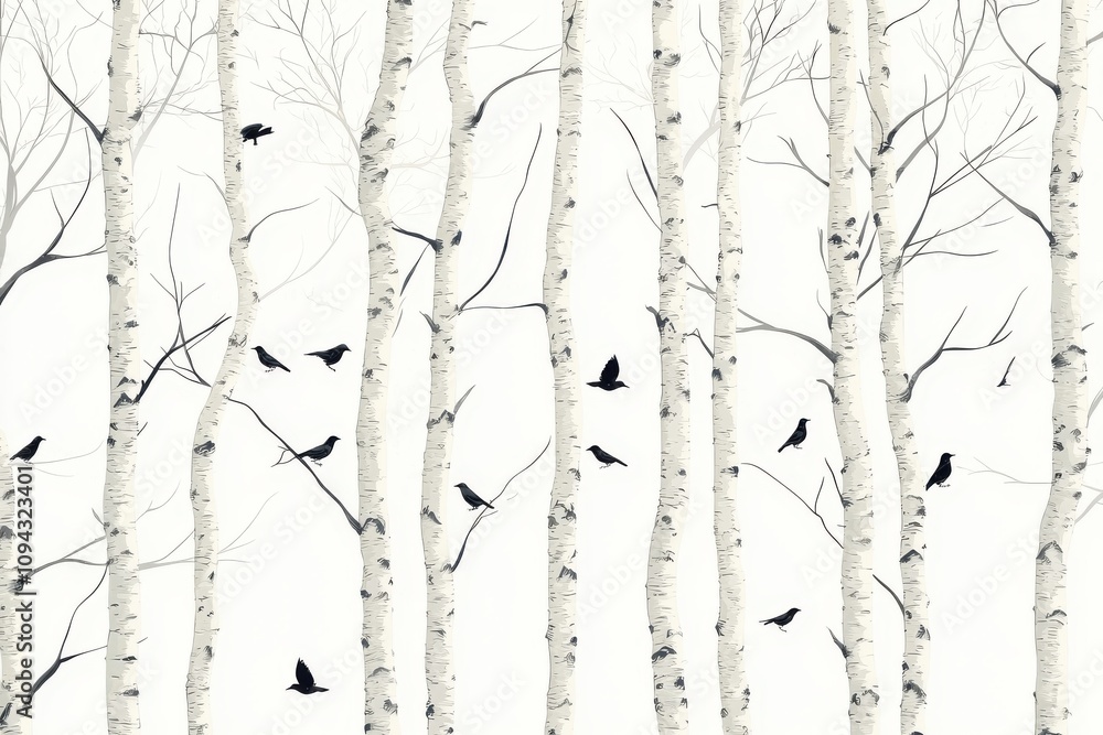 Fototapeta premium A serene scene of white birch trees with silhouettes of birds against a light background, evoking peace and tranquility in nature.