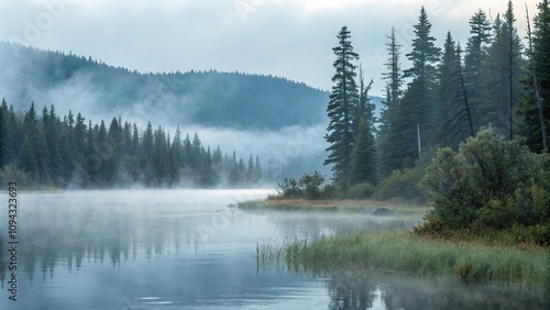 Watercolor background depicts a subtle smoky atmosphere with wisps of fog rising from the surface of a tranquil lake, gentle haze, serene ambiance