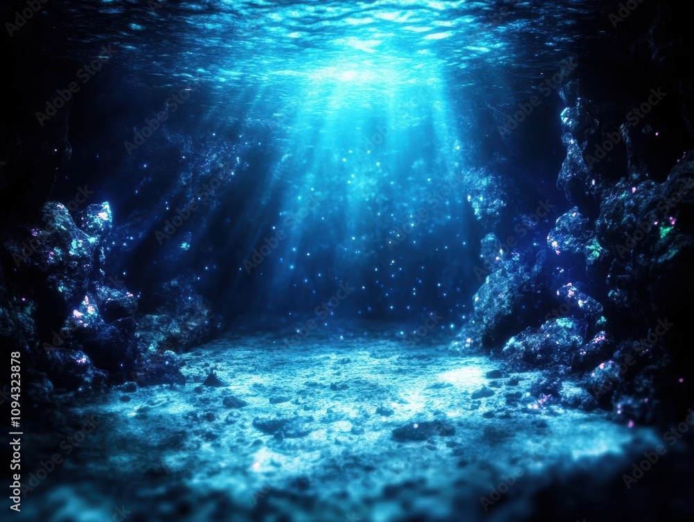 Obraz premium Exploring an Underwater Cave with Glowing Features Ocean Depths Nature Ethereal Environment Serene Viewpoint Mystical Concept