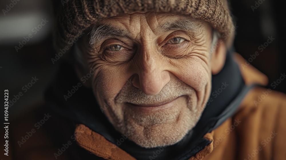 Elderly person with a wise, knowing smile, showing years of life experience Elderly person with a wise, knowing smile, showing years of life experience