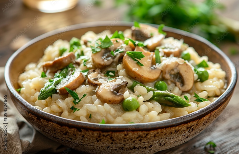 Bowl of vegetarian risotto with champignons mushrooms. Bowl of vegetarian risotto with champignons mushrooms.