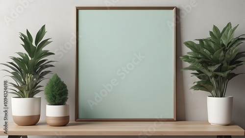 A modern minimalist poster mockup with a soft bronze plant and wooden frame, blank vertical clear frame for wall art mockup on table, soft green color