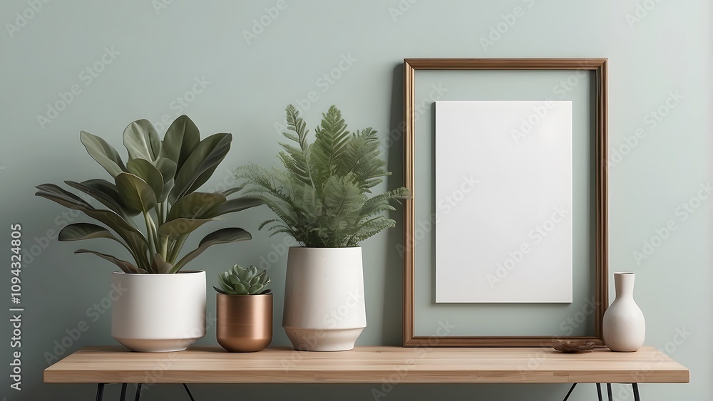 A modern minimalist poster mockup with a soft bronze plant and wooden frame, blank vertical clear frame for wall art mockup on table, soft green color A modern minimalist poster mockup with a soft bronze plant and wooden frame, blank vertical clear frame for wall art mockup on table, soft green color
