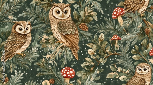 Enchanted Forest Owls: A Winter Wonderland Tapestry photo