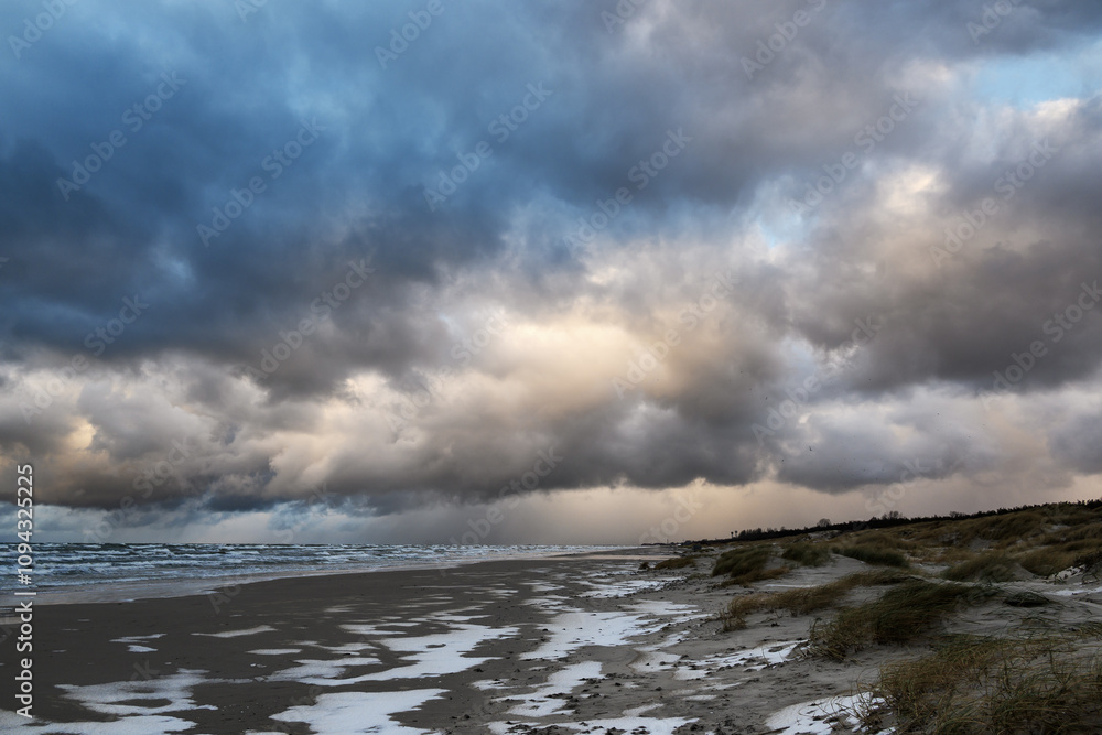 First snow on Baltic sea beach, Liepaja, Latvia. First snow on Baltic sea beach, Liepaja, Latvia.