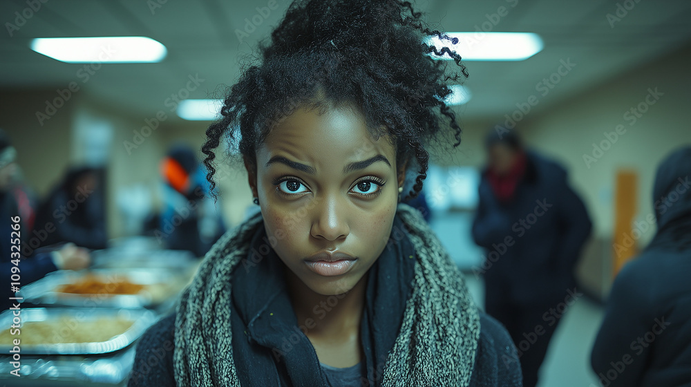 A homeless young tired woman in the food distribution center A homeless young tired woman in the food distribution center
