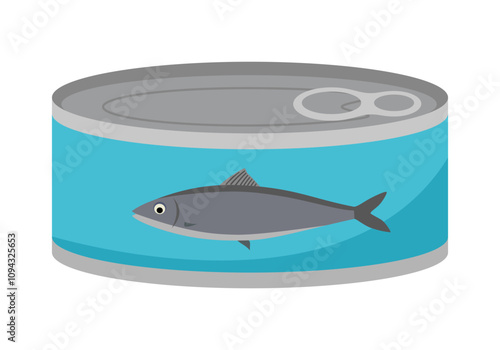 Fish can cartoon vector icon. Tuna, sardines or anchovy well preserved and conserved in round shape aluminium tin, cartoon illustration. Canned seafood.