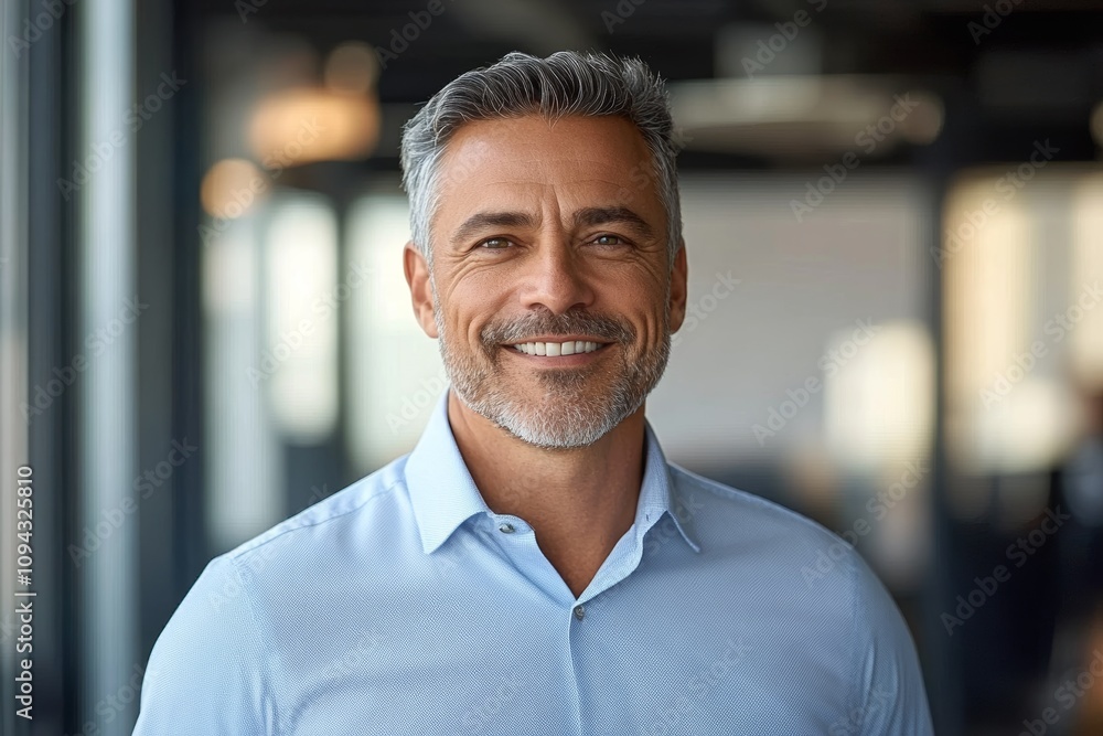 Smiling middle-aged businessman in office setting with gray hair and beard wearing dress shirt Smiling middle-aged businessman in office setting with gray hair and beard wearing dress shirt