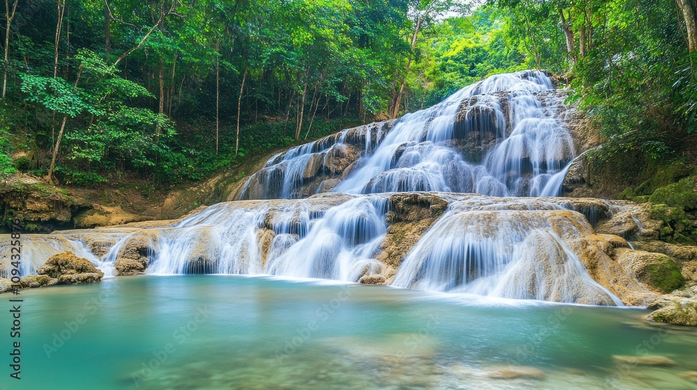 Serene Waterfall Cascading Through Lush Tropical Forest Serene Waterfall Cascading Through Lush Tropical Forest