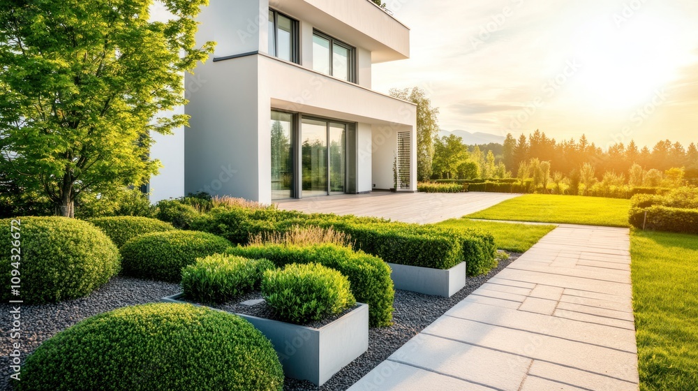Fototapeta premium Modern House with Lush Greenery and a Stunning Sunset View