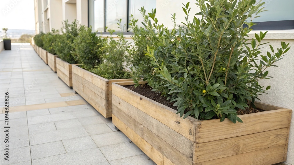 Fresh jojoba sprigs on a wooden planter, fresh green sprigs, jojoba plant arrangement Fresh jojoba sprigs on a wooden planter, fresh green sprigs, jojoba plant arrangement