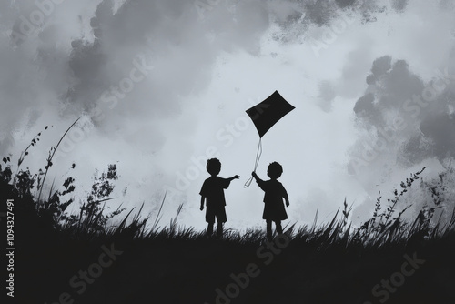 Children Flying a Kite Under a Tree Silhouette