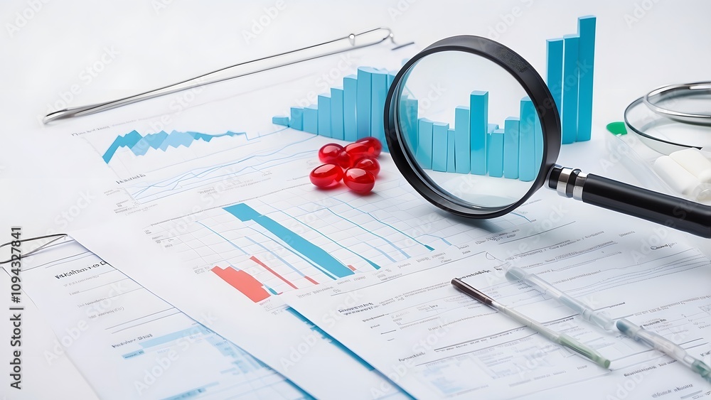 Magnifying glass, graph with heartbeat and medicines, concept of health and medical care, world health day