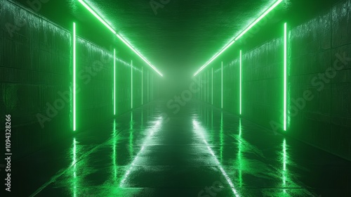 Futuristic neon corridor with green lights in dark space, modern design of an empty cyberpunk hallway