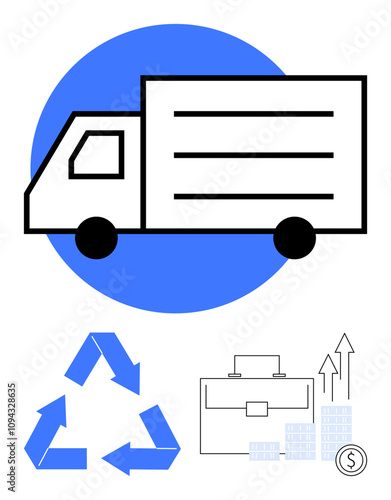 Logistics truck in front of a blue circle, recycling symbol, briefcase with rising charts, and coin stack. Ideal for logistics, sustainability, business growth, environmental campaigns, corporate