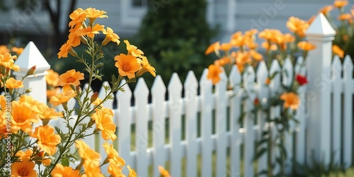 Wallpaper Mural Pastel orange flowers blooming alongside a traditional white picket fence in the yard, white picket fence, pastel orange flowers Torontodigital.ca