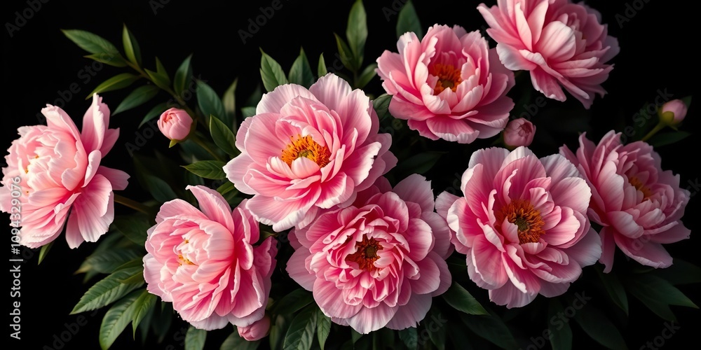 A cluster of large peony flowers in fulPeony flowers with lush foliage on a black background with warm light effects, botanical image, warm light effects, nature photography A cluster of large peony flowers in fulPeony flowers with lush foliage on a black background with warm light effects, botanical image, warm light effects, nature photography