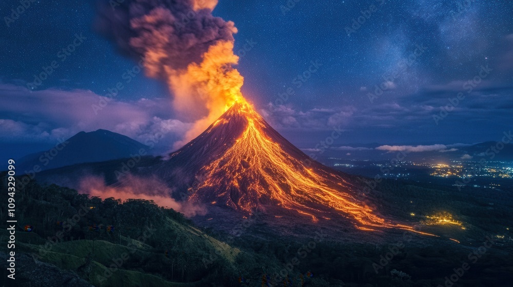 A volcano erupts at night, spewing lava and ash under a starry sky. A volcano erupts at night, spewing lava and ash under a starry sky.