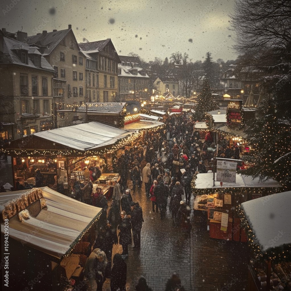 Obraz premium Snowy Christmas Market with Festive Lights and Booths