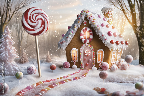 Lebkuchenhaus mit raffinierten Verzierungen aus Süssigkeiten in einer Schneelandschaft und einem Lolli im Garten photo